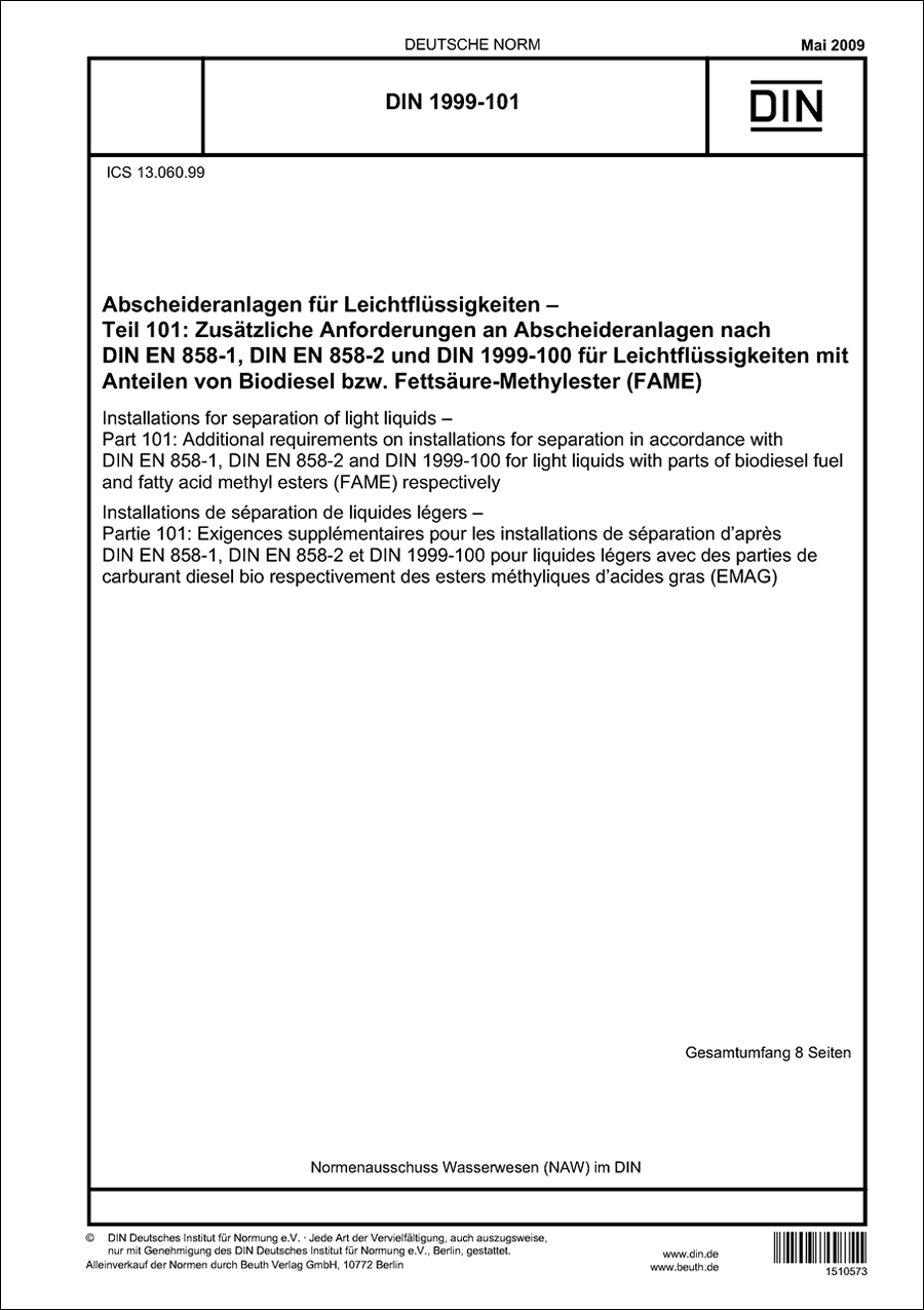 DIN 1999-101 - Abscheideranlagen für Leichtflüssigkeiten - Teil 101