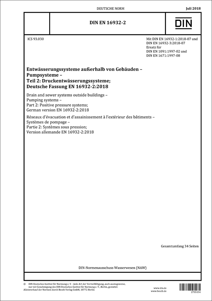 DIN EN 16932-2 - Entwässerungssysteme außerhalb von Gebäuden - Pumpsysteme - Teil 2: Druckentwässerungssysteme - Juli 2018