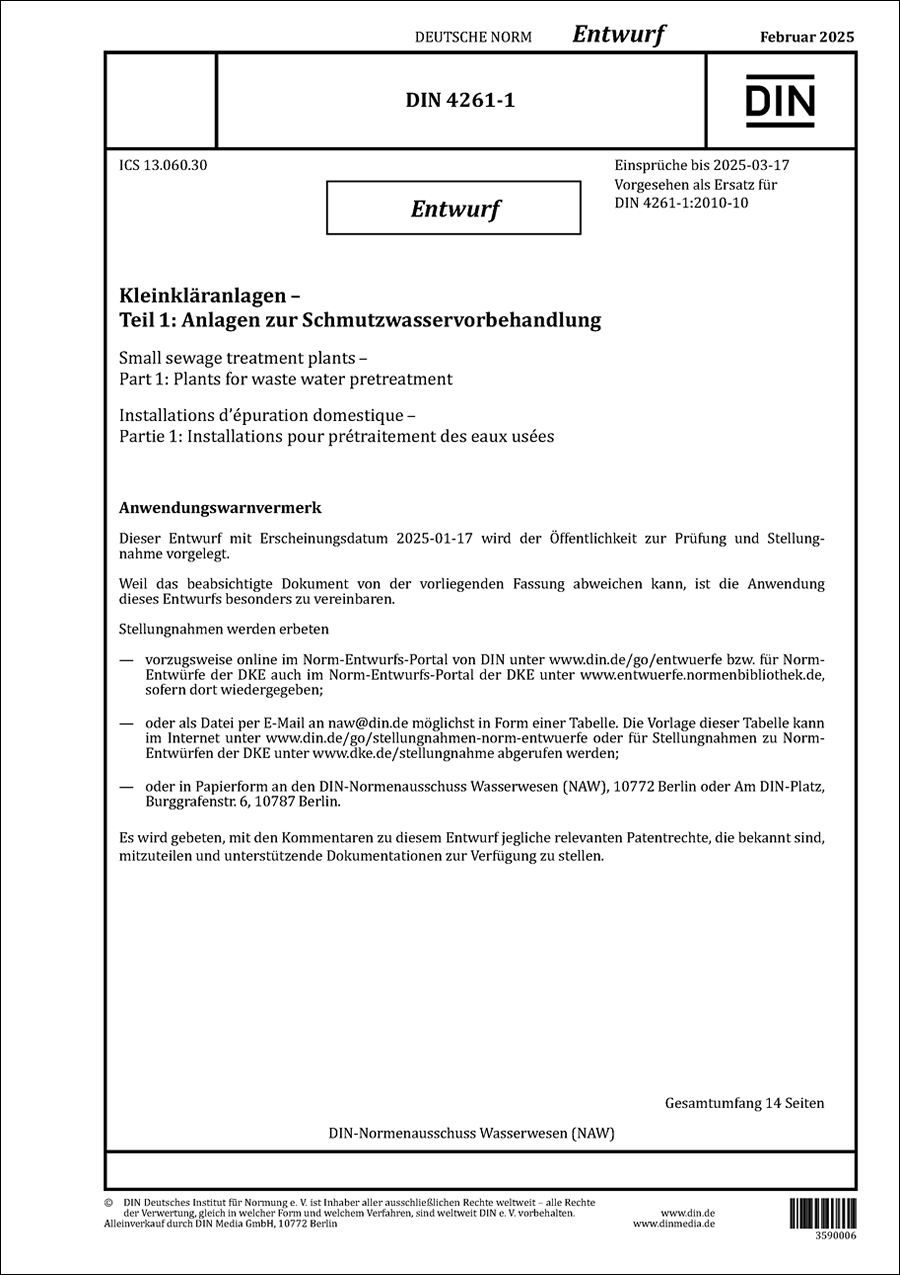 DIN 4261-1 - Kleinkläranlagen - Teil 1: Anlagen zur Schmutzwasservorbehandlung - Februar 2025 - Entwurf