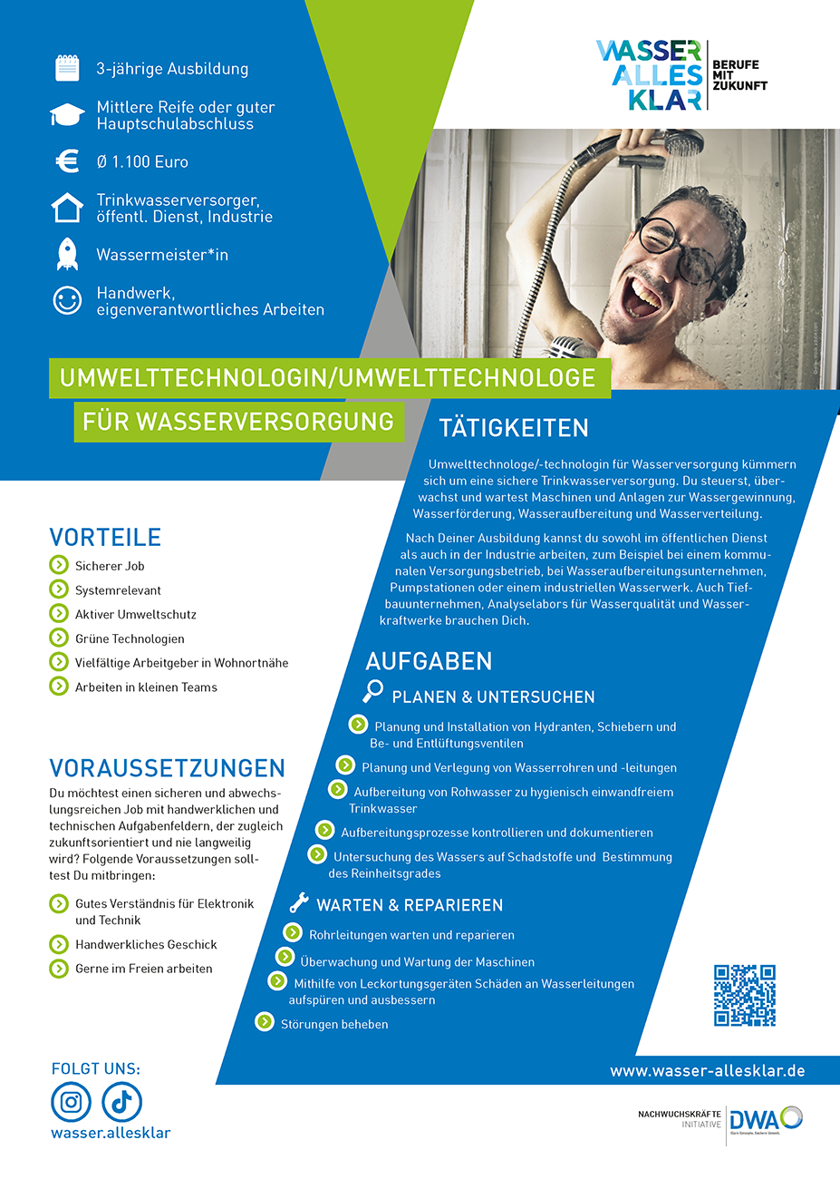 Factsheet zur Ausbildung zum/zur Umwelttechnologen/-technologin für Wasserversorgung