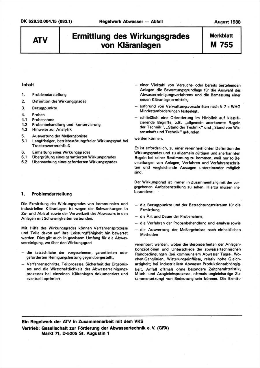 ATV-M 755 - Ermittlung des Wirkungsgrades von  Kläranlagen - August 1988