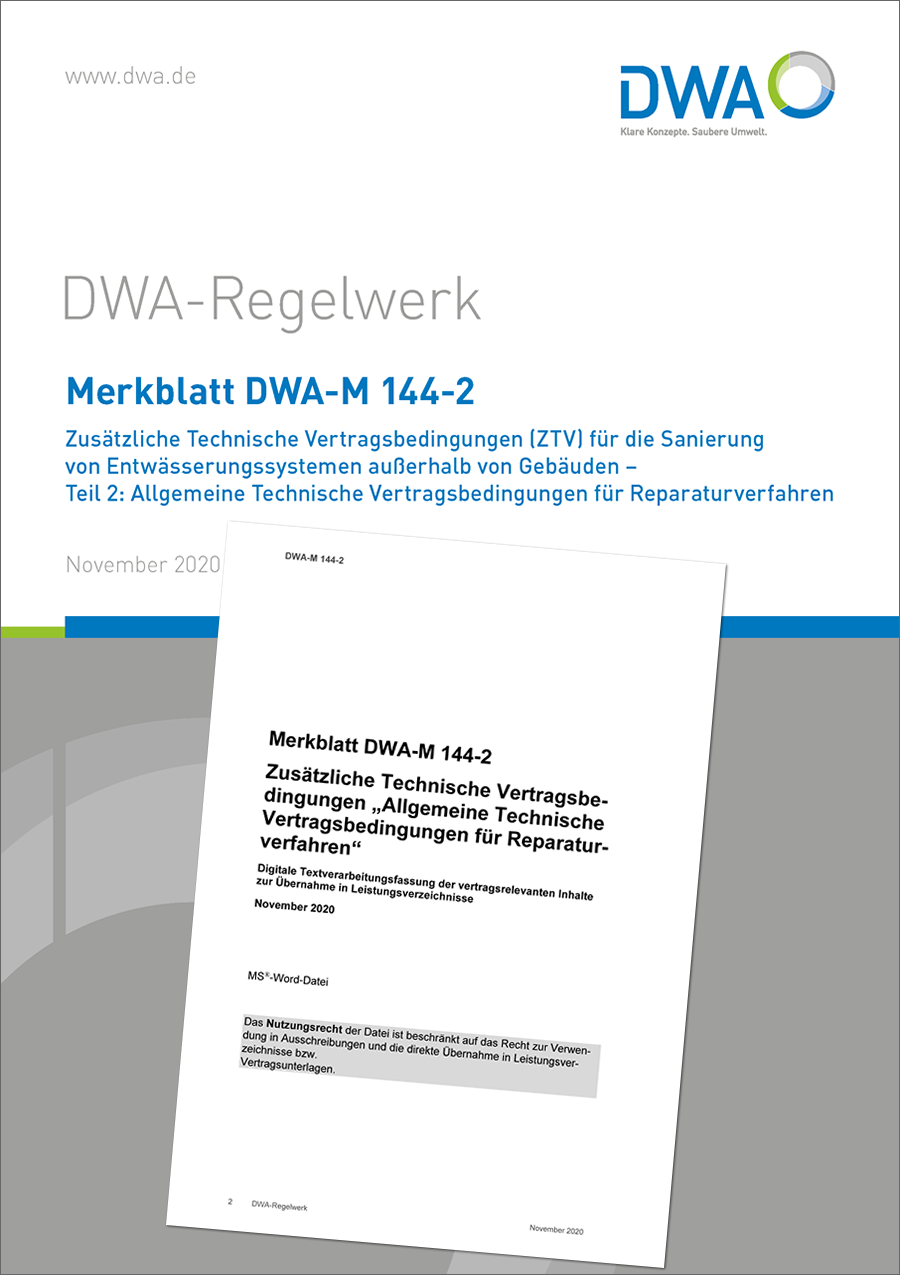 DWA-M 144-2 - Zusätzliche Technische Vertragsbedingungen (ZTV) für die Sanierung von Entwässerungssystemen außerhalb von Gebäuden - Teil 2: Allgemeine Technische Vertragsbedingungen für Reparaturverfahren (Nov. 2020) + MS-Word Zusatzdatei (Nov. 2020) DWA-M 144-2 - Zusätzliche Technische Vertragsbedingungen (ZTV) für die Sanierung von Entwässerungssystemen außerhalb von Gebäuden - Teil 2: Allgemeine Technische Vertragsbedingungen für Reparaturverfahren (Nov. 2020) + MS-Word Zusatzdatei (Nov. 2020)