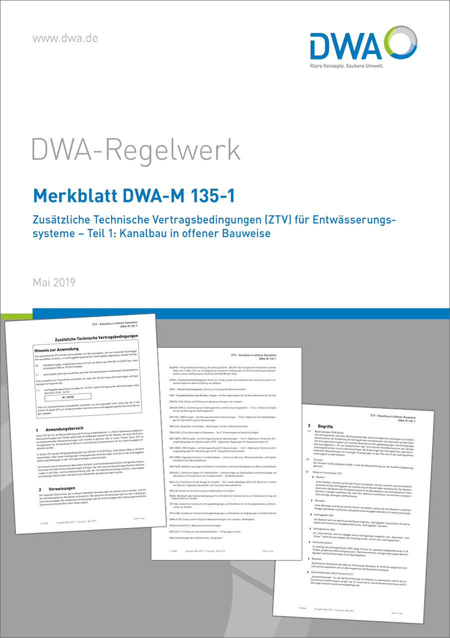 DWA-M 135-1: Zusätzliche Technische Vertragsbedingungen (ZTV) für Entwässerungssysteme. Teil 1: Kanalbau in offener Bauweise - Mai 2019 + digitale Textverarbeitungsfassung der vertragsrelevanten Inhalte zur Übernahme in Leistungsverzeichnisse DWA-M 135-1: Zusätzliche Technische Vertragsbedingungen (ZTV) für Entwässerungssysteme. Teil 1: Kanalbau in offener Bauweise - Mai 2019 + digitale Textverarbeitungsfassung der vertragsrelevanten Inhalte zur Übernahme in Leistungsverzeichnisse